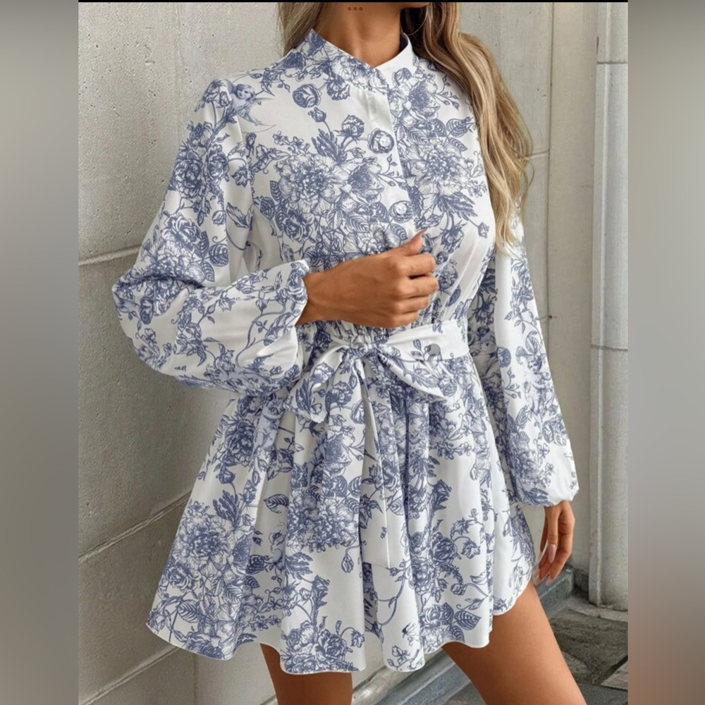 SHEIN Blue and White Ruffled Tie Front Sundress